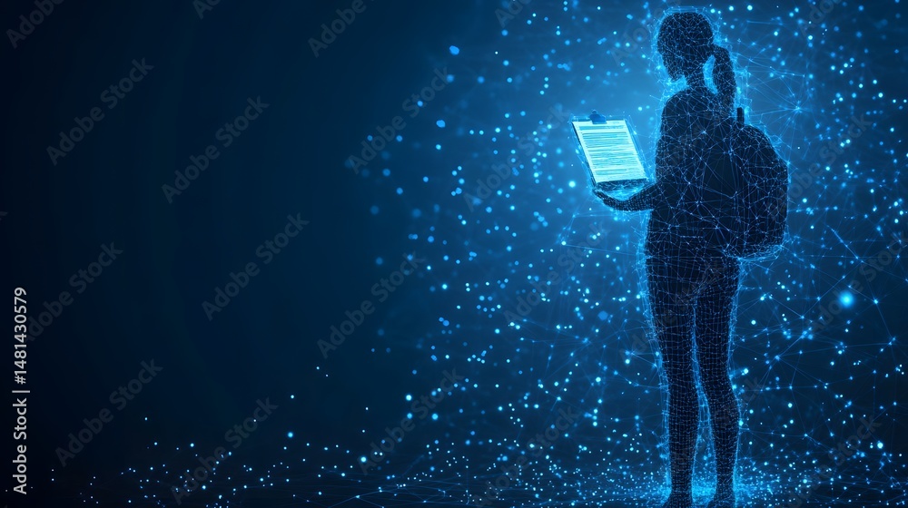 Leinwandbilder Futuristic digital avatar studying data. Person with clipboard and backpack in blue wireframe style. Glowing nodes connect lines, creating a virtual reality scene. Abstract wireframe in dark blue.