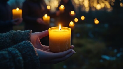 Hands holding candle, circle of light in the forest