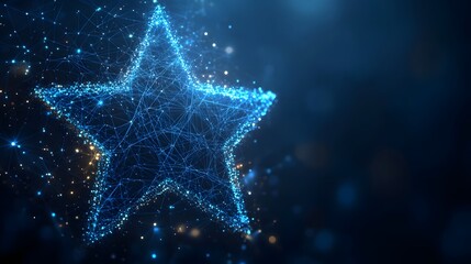 Luminous star of interconnected blue lines against a dark blue gradient backdrop. Futuristic design ideal for tech, innovation, and network concepts. Abstract wireframe in dark blue.