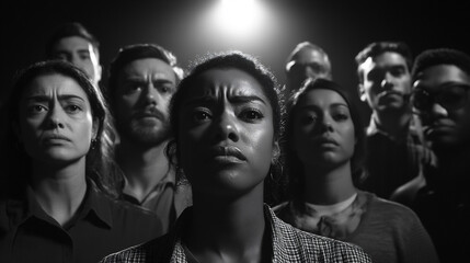 multiracial group, staring into camera