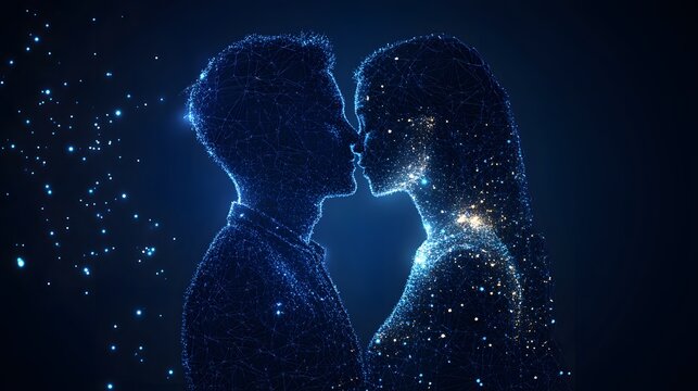 Digital love in the network era. A connected couple, represented by blue wireframe lines, symbolizes modern relationships and technology. Abstract wireframe in dark blue.