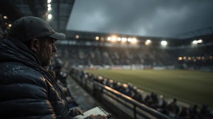 Football Scout Observing Match in Empty Stadium with Notebook