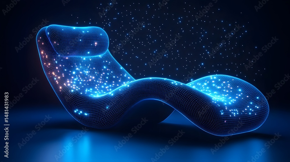 Poster Futuristic chaise lounge with a blue grid structure and glowing lights. Stars and particles surround the lounge, creating depth in cool blue light. Modern design Abstract wireframe in dark blue.