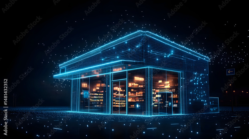 Poster digital blueprint of a store with stocked shelves, rendered in bright blue wireframe against a dark 