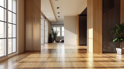 Obraz premium Modern Interior Design with Wooden Floors and Sunlight Entering through Windows