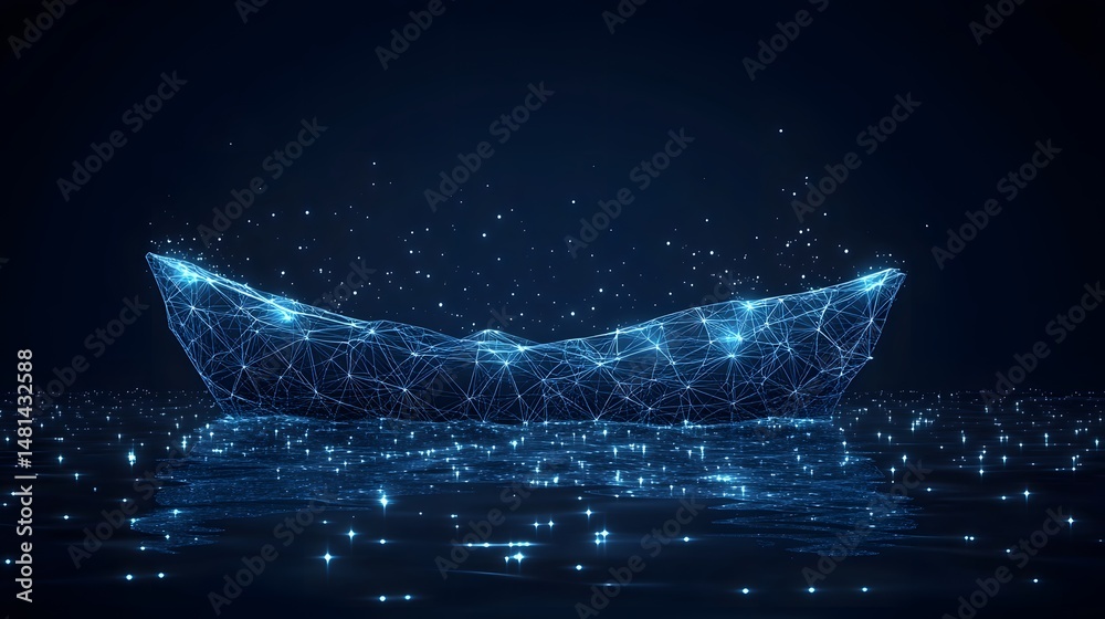 Aufkleber abstract wireframe boat floats peacefully on reflective water under a starry night. the blue tones c