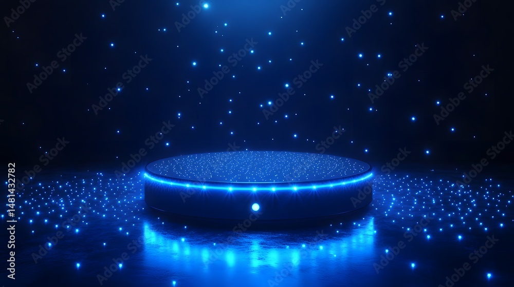 Poster enchanting blue light platform. starry dots illuminate a reflective stage, creating a cosmic ambianc