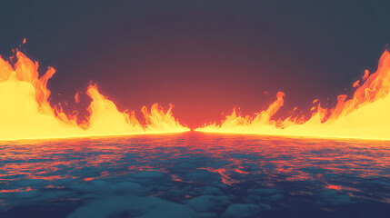 Obraz premium Burning horizon: a fiery line of intense orange flames dances across a murky backdrop, embodying concepts like energy and apocalypse. [Cryptosea Trench] | Silt Ember | murky flame. Illustration
