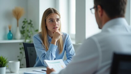 Obraz premium woman sit at a desk, looking concerned as she reviews documents with a colleague. The office is modern, with plants, shelves, and natural light streaming through a window, creating : business crisis