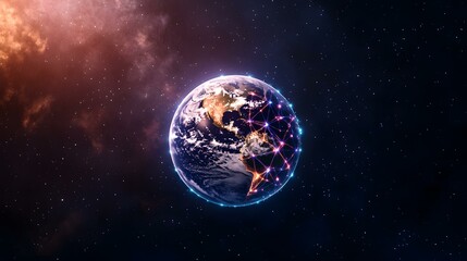 The image shows a digitally enhanced view of planet Earth from space, set against a backdrop of stars and nebulae.  A glowing network of interconnected nodes wraps around the planet, emphasizing glob