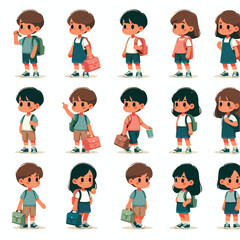 Set vector of front and side view vectors of a child carrying a school bag