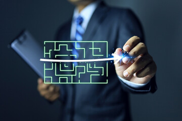 Businessman find rootcause analysis shortcut in maze to getting the cause of problem quickly by...