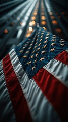 American Flag in City: A striking composition presents the American flag against a towering skyscraper, symbolizing national pride and strength within an urban landscape.