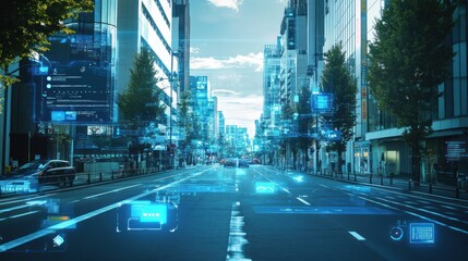 Futuristic city street with digital overlays