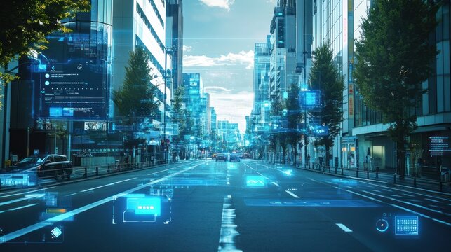 Futuristic city street with digital overlays
