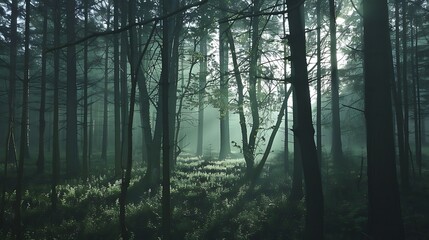 Obraz premium Mystical Forest Scene With Sunlight Filtering Through Trees And Fog