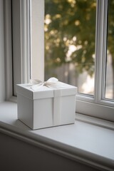 White gift box placed near the white window in warm and cozy vibe
