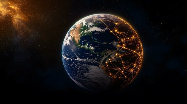A rendering of Earth from space, showcasing a network of glowing orange lines connecting various points across the Americas, set against a backdrop of stars and a bright nebula.