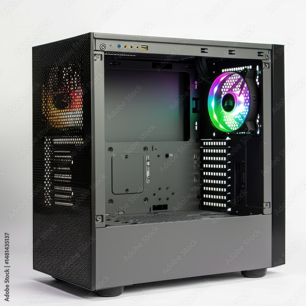 Fototapete A computer case with a transparent side panel and RGB fan, designed for custom builds. on white background
