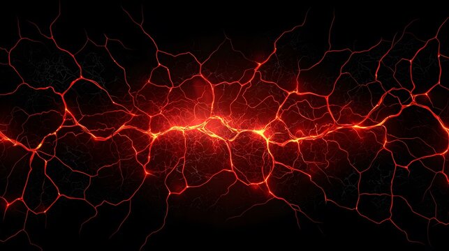The image shows a stylized depiction of glowing red lava or energy flowing through a cracked, dark surface, resembling a network of veins or cracks.