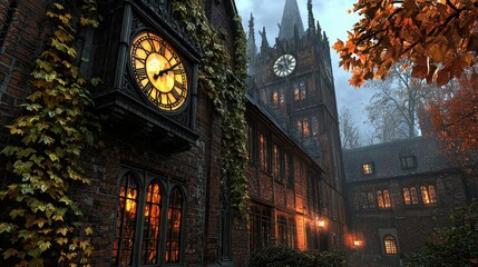 Fototapeta premium Autumnal Enchantment: A Gothic Clock Tower and Courtyard bathed in the Warm Glow of twilight