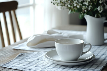 Obraz premium A quiet morning in the kitchen with the smell of fresh coffee A mom is teaching her child how to set the table for breakfast The feeling is calm and practical