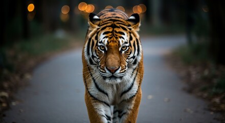 Fototapeta premium Tiger strides ahead on a pathway