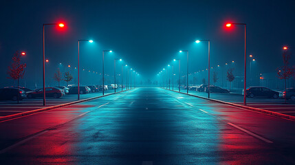 Empty foggy parking lot at night with colorful lights