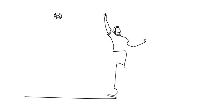 Animated self drawing continuous line draw active male athlete training discus throwing at stadium. Powerful rotational technique, precise footwork, explosive strength. Full length one line animation