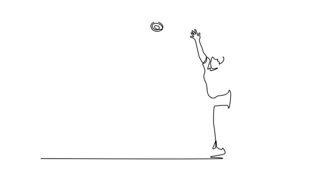 Animated self drawing continuous line draw strong female athlete training discus throwing. Spinning within circle before launching heavy discus, aiming maximum distance. Full length one line animation