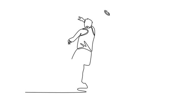 Animated self drawing continuous line draw back view strong male athlete training discus throwing at outdoor stadium. Professional sportsman training in action, motion. Full length one line animation