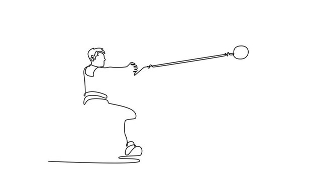 Animated self drawing continuous line draw strong male athlete competing in the hammer throw event. Professional sportsman training in action, motion. Healthy lifestyle. Full length one line animation