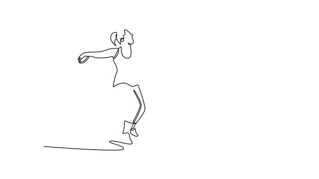 Animated self drawing continuous line draw female athlete training discus throwing at outdoor stadium. Focused precision, release discus, demonstrating skill, balance. Full length one line animation
