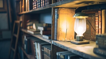 Old Books On Wooden Shelves With Lighted Lamp Creating Warm And Cozy Ambiance