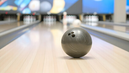 Bowling Ball Spinning on Wooden Lane with Pins and Blurred Background