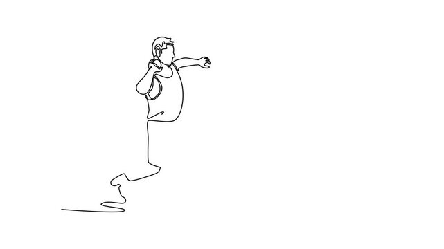 Self drawing animation of single line strong male athlete preparing to throw shot in athletics competition. Launching a heavy spherical shot with precision. Continuous line draw. Full length animated