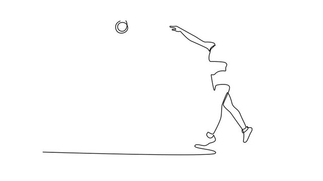 Animated self drawing of continuous line draw strong female shot put athlete throws iron ball at indoor athletic stadium. Exhibits exceptional strength and technique. Full length single line animation