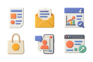 Social media and communication icons set – 3d, marketing and networking symbols