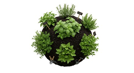 Obraz premium Herb Garden Growing with Gardening Tools on Soil Globe