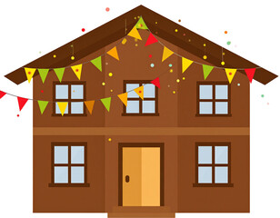 Fototapeta premium Festive brown house decorated with colorful flags and lights