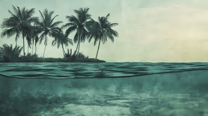 Calm and lovely isle shore shows tall palms soft grains and tempting tides stirring a feel of haven and peace. [Cryptosea Trench] | Murk Current | silt tide. Illustration