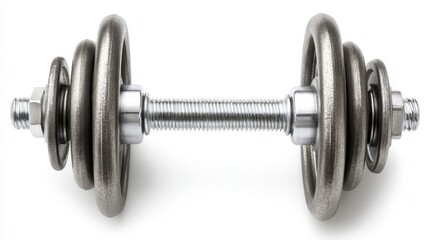 Fototapeta premium Steel dumbbell with multiple round weight plates. Generative AI