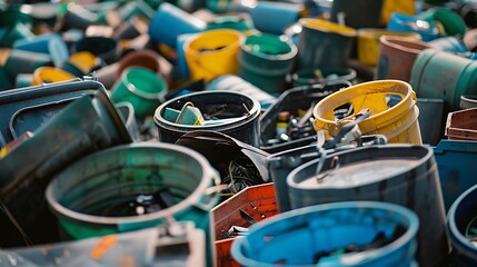 Overhead View Of A Heap Of Multicolored Plastic Buckets In A Waste Disposal Site