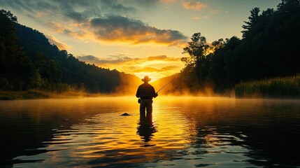 Fototapeta premium Golden Hour Solitude: A Fisherman's Serene Sunset
