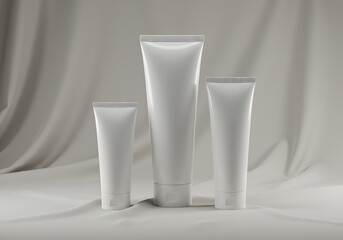 Clean white cosmetic tubes on a soft fabric backdrop for product mockups