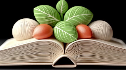 An open book with stylized leaves and seeds arranged on its pages, symbolizing knowledge and growth.