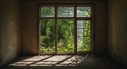 Old wooden window, view from inside an old abandoned house