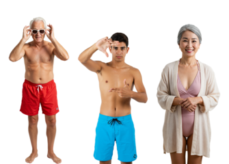 Three diverse people in swimwear: a senior Caucasian man in red trunks, a young tanned man in blue trunks gesturing, and a senior Asian woman in a pink swimsuit and robe, against a black backdrop.