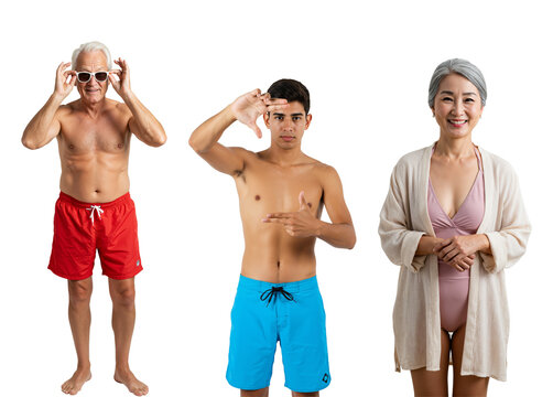Three diverse people in swimwear: a senior Caucasian man in red trunks, a young tanned man in blue trunks gesturing, and a senior Asian woman in a pink swimsuit and robe, against a black backdrop.