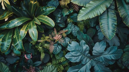 Overhead View of Lush Green Tropical Foliage Texture with Detailed Patterns